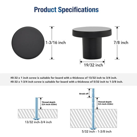 30 Pack Matte Black Cabinet Knobs And Drawer Pulls, Solid Zinc Alloy, 1.18 Inch Top Diameter, 0.5 Inch Base, 0.86 Inch Height, For Cabinets, Dressers And Closets, Durable Modern Hardware To Upgrade Your Cabinet Look. Product specifications with size and screw fit.