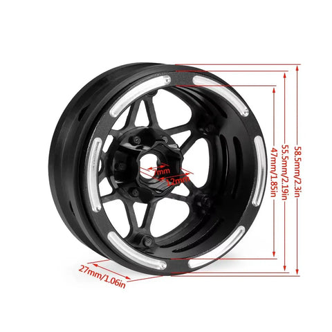 Crush The Trails With These Sick 1.9 Carbon Fiber Beadlock Wheels For RC Crawler Cars Featuring CNC Aluminum Hubs black beadlock wheel front view with measurements