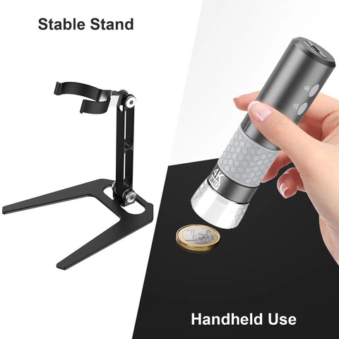 4K WiFi USB Digital Handheld Microscope With Metal Stand 50 to 1000x Magnification Portable USB Scope for Kids and Students Explore Coins Circuits Jewelry Skin Insects and More Ideal for Learning and DIY Projects. Stable metal stand and handheld use with coin