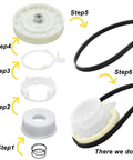 Washer Pulley Clutch Kit With 21 Inch Drive Belt And Cam Replacement showing assembly steps for Whirlpool Kenmore models