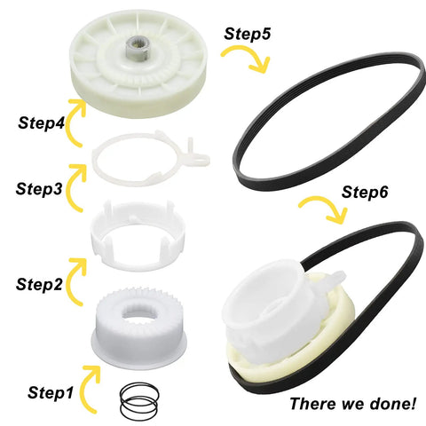 Washer Pulley Clutch Kit With 21 Inch Drive Belt And Cam Replacement showing assembly steps for Whirlpool Kenmore models