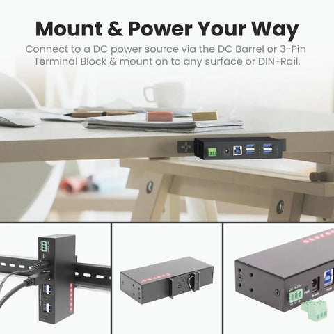 Built Like A Tank 4 Port USB 3.2 Gen 1 Industrial Metal Hub with DC power connection mounted under desk