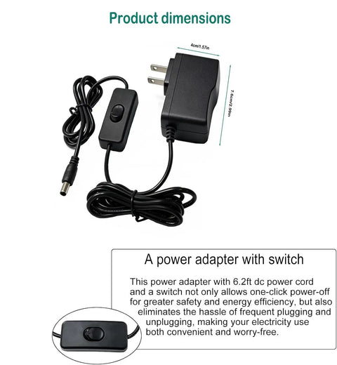 12V 1A DC Power Supply With On Off Switch AC 100 240V Input To DC 12V 6.2 Foot Cord 5.5 By 2.5mm Plug Plus Five Pro Tips For LED Strip Lights And Security Cameras black adapter with switch, 6.2 ft cord and plug