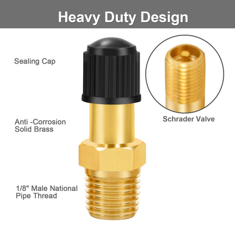 Heavy Duty Brass Tank Valve For Air Compressors With Schrader Valve One Eighth Inch NPT Anti Corrosion Male Connection Prevents Leaks At Up To 200 PSI Pack Of Four, featuring solid brass design and Schrader valve