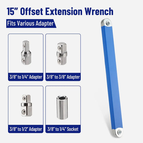 Workhorse Offset Wrench Extender Tool Set with 15.4-inch extension wrench and square drive adapters for tight spaces.