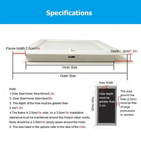 Specifications for Rock Solid Flush Mount Access Panel For Drywall With Heavy Duty Aluminum Frame showing dimensions and features.