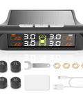 Real Time Tire Pressure Monitoring System With Solar Charging, 4 TPMS Sensors Pack, display and sensors with USB cable