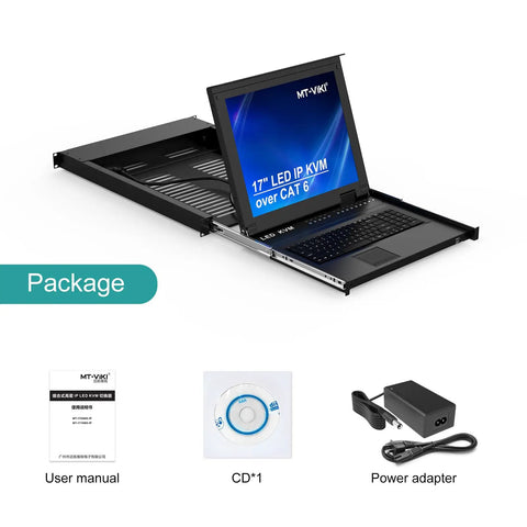 No Sweat Plug And Play Eight Port Kvm Switch With Seventeen Inch Lcd Rack Console showing user manual, CD, and power adapter.
