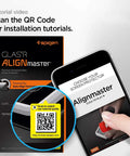 Packaging and installation tutorial for GlasTR AlignMaster Tempered Glass Screen Protector For iPhone SE 3 2022, iPhone SE 2 2020, iPhone 8 And iPhone 7, 2 Pack With Auto Alignment Kit, 9H Hardness, Case Friendly, No Fuss Install, Superior Clarity with QR code and iPhone in hand.