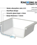 Cutaway view of compact white porcelain undermount bathroom sink for small bathrooms and RVs, showing ceramic glaze and overflow.