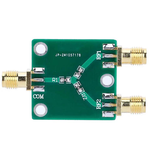 Top Shelf Slick 2 Way Rf Power Divider Module Dc To 5Ghz Broadband Signal Splitter with gold connectors and green PCB.