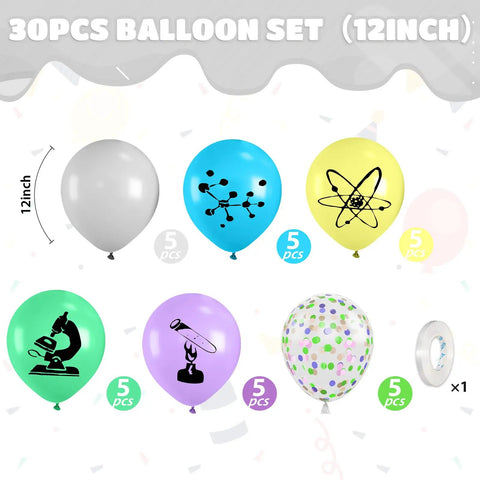 Science Party Balloons Set 12 Inch Confetti Balloons With Atoms And Microscopes Prints In Gray Blue Yellow Green Purple For Boys Birthday Party