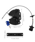 INOOMP 1Set Gate Lock for Outdoor Fence, 2-Sided Self-Locking Latch w Key components with dimensions and a key.