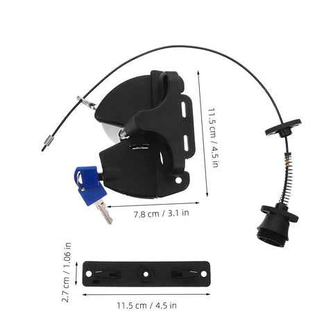 INOOMP 1Set Gate Lock for Outdoor Fence, 2-Sided Self-Locking Latch w Key components with dimensions and a key.