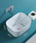 USZWBY Bathroom Vessel Sink White Bathroom Sink Fillet Deepen Basin Design ceramic above counter with dimensions and faucet.