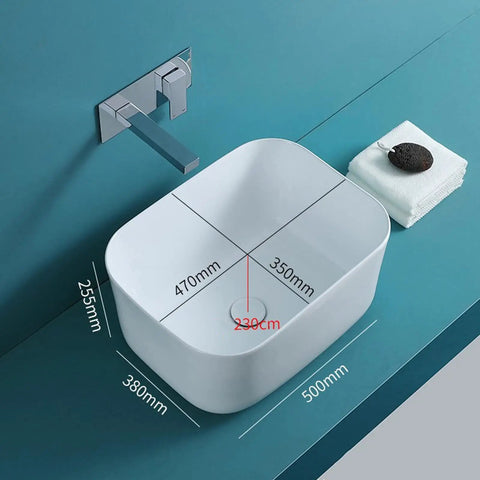 USZWBY Bathroom Vessel Sink White Bathroom Sink Fillet Deepen Basin Design ceramic above counter with dimensions and faucet.