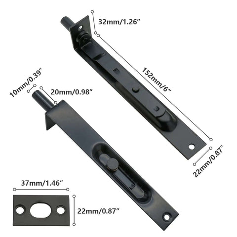 Stainless Steel Door Flush Bolt Latch 6 Inch L Type Lever Action Concealed Slide Lock Bolt Black Finish dimensions