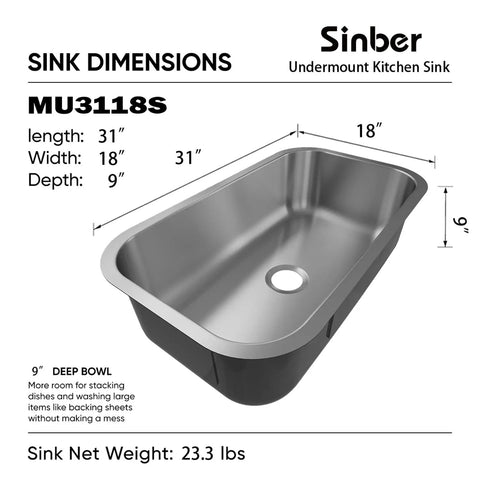 Undermount Single Bowl Kitchen Sink, 31 Inch By 18 Inch By 9 Inch, 18 Gauge 304 Stainless Steel With Satin Finish, displayed with dimensions