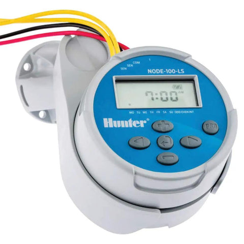 Node 100 Battery Operated Sprinkler Timer with prewired solenoid, waterproof, wireless, mounted on irrigation valve.