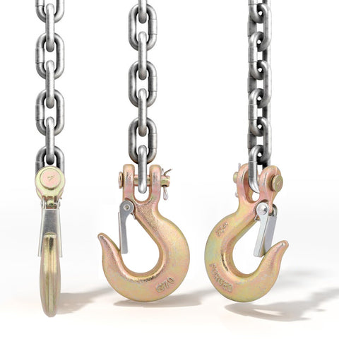 Ten Pack Five Sixteenth Inch Forged Steel Clevis Slip Hooks With Safety Latch For Towing And Winch Heavy Duty G70 Clevis Grab Hooks Two Ton Capacity Opening Approximately Zero Point Seven Inches Corrosion Resistant showcasing chain attachment.