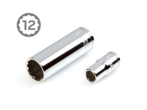 Pro-Grade 1/4 Inch Drive 12-Point Socket And Ratchet Set 55-Piece Kit sockets, showing two chrome sockets, one deep, one standard.