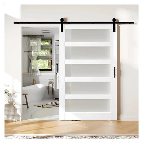 Frosted Sliding Barn Door With Full Hardware Kit Included Goes On Like Butter Smooth Glide Track For Modern Home Setup Straightforward Install. White door with glass sections.