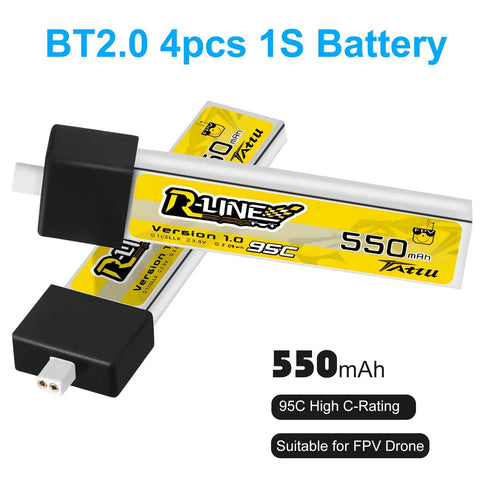 4 Pack BT2.0 550mAh 1S LiPo Battery 3.8V 95C FPV Power for Tiny Whoop Drones, shown with specifications.