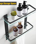 Bathroom Lavatory Glass Shower Shelf Two Tier With Towel Bar, Wall Mounted Storage, Tempered Glass Shelves with items displayed.