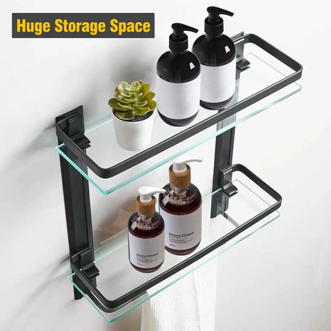 Bathroom Lavatory Glass Shower Shelf Two Tier With Towel Bar, Wall Mounted Storage, Tempered Glass Shelves with items displayed.