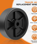 Front view of a black 6-inch trailer jack wheel; plastic wheel with spoke-style hub.