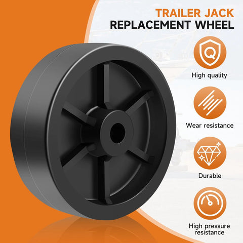 Front view of a black 6-inch trailer jack wheel; plastic wheel with spoke-style hub.
