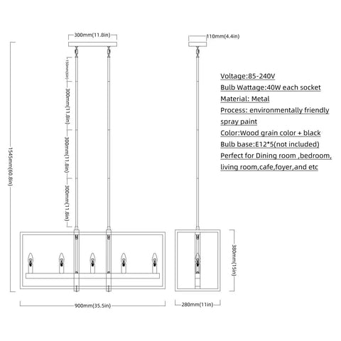 Diagram of Modern Farmhouse Chandelier for Dining Room and Living Room, showcasing dimensions and specifications.