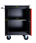 Open Rolling Tool Cart With Double Doors Lockable Partition And Stainless Steel Top, dimensions visible
