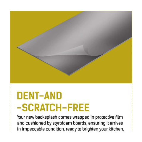Stainless Steel Kitchen Wall Backsplash 24 By 30 Inches With Pre Drilled Holes in protective film on yellow background