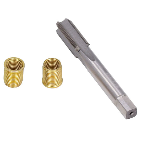 Thread Repair Kit With M14 X 1.25 High Speed Steel Tap And M12 X 1.25 Stainless Inserts shown with tools for thread restoration