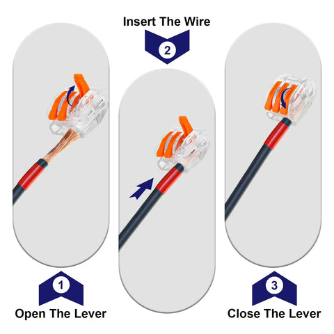 Transparent Housing Lever Wire Connector Kit With Test Hole For Quick Splice Connections showing wire insertion steps