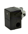 Four Port 95-125 Psi Air Compressor Pressure Switch With Unloader Valve And Manual On Off Lever, 1/4 Inch Compression Connection, shown in black casing