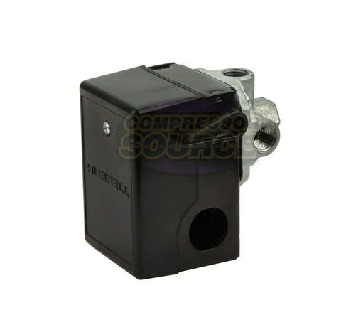 Four Port 95-125 Psi Air Compressor Pressure Switch With Unloader Valve And Manual On Off Lever, 1/4 Inch Compression Connection, shown in black casing