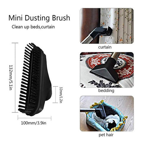 Mini dusting brush from Must Have Versatile Vacuum Attachments Kit For 32mm And 35mm Vacuums with size dimensions in use on bedding, curtain, pet hair.