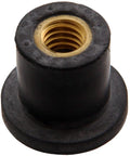 Heavy Duty Expansion Well Nuts With Nailed It Tight Seal Rubber Body 1/4-20 X 3/4 Inch 10 Pack Black close-up view of rubber well nut showing threaded steel core.
