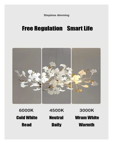 Nordic Romantic Ginkgo Leaf Pendant Lamp for Dining Room Vintage Chandelier with stepless dimming and color options.