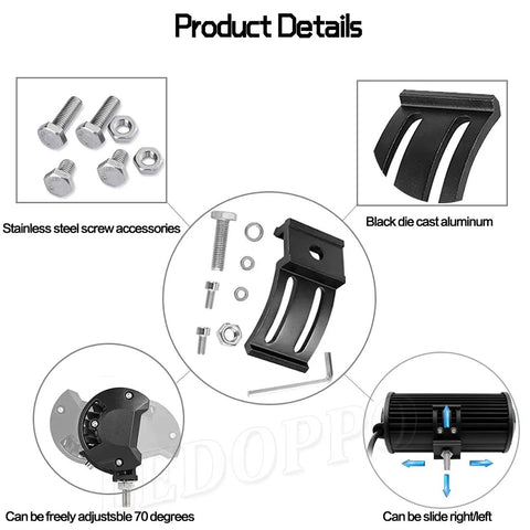 Bottom Mounted LED Light Bar Brackets Kit 2 Pack Adjustable Universal Slide Base Mounts details with screws and aluminum brackets