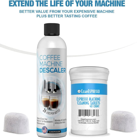 Front view of CleanEspresso cleaning kit: descaler bottle, 40-count espresso cleaning tablets jar, and two water filters.