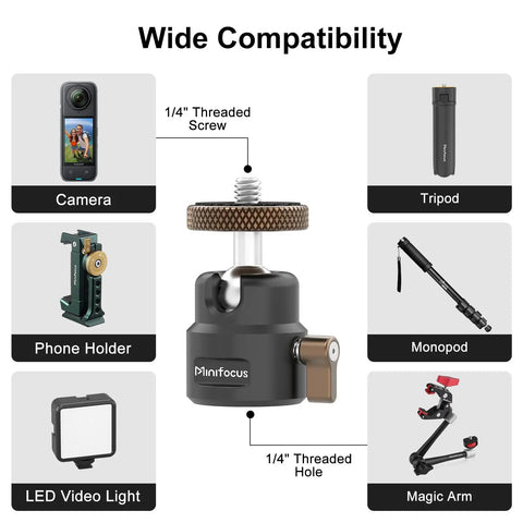 Ultra Compact Metal Ball Head With One Quarter Inch Thread, 360 Degree Swivel And 125 Degree Tilt, Beefy Heavy Duty Tripod Mount For DSLR, Mirrorless, Camcorder, Action Cam, LED Light And Light Stand, Max Load 11 Lb, wide compatibility
