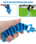 Hand holding blue 2 In 1 Drip Irrigation Hole Punch And Fitting Insertion Tool For 1/4in PE Tubing No Fuss Easy Install with images of water spray.