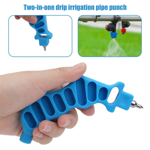 Hand holding blue 2 In 1 Drip Irrigation Hole Punch And Fitting Insertion Tool For 1/4in PE Tubing No Fuss Easy Install with images of water spray.