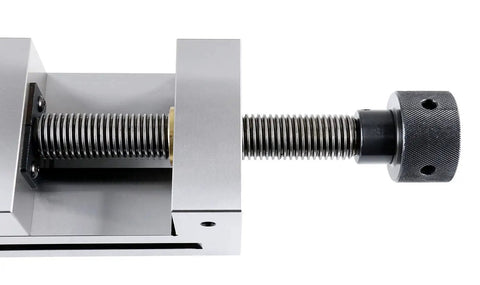 Close-up of 4 Inch Precision Toolmakers Vise For Machinists With Hardened And Ground Steel, 58 62 HRC, showing screw mechanism.