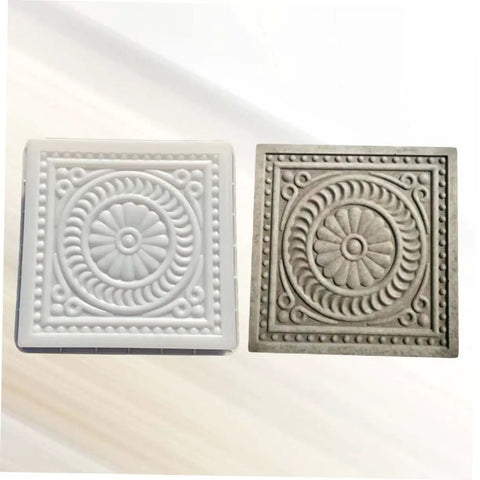 Front view of Concrete Stepping Stone Paver Mold 37x37x6.5 Cm Reusable Cement Mold next to a finished stone pattern.