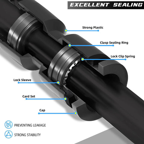 Cross-section of 1/4-inch drip irrigation quick-connect coupling showing lock sleeve, sealing ring, and cap.