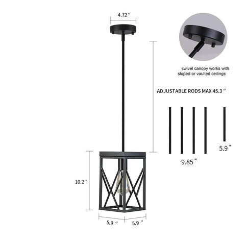 Black Industrial Pendant Light With Durable Metal Cage, One Light, Adjustable Rods, Swivel Canopy for sloped ceilings, dimensions